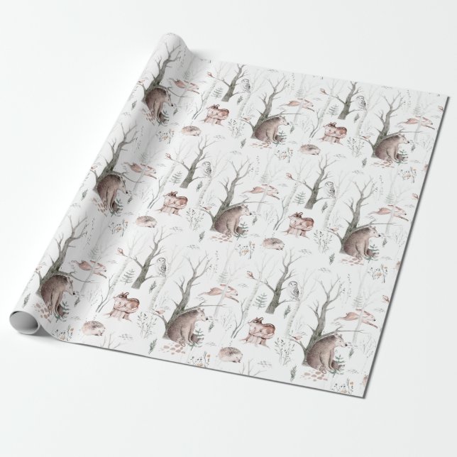 Watercolor Forest Friends Baby Shower Wrapping Paper (Unrolled)