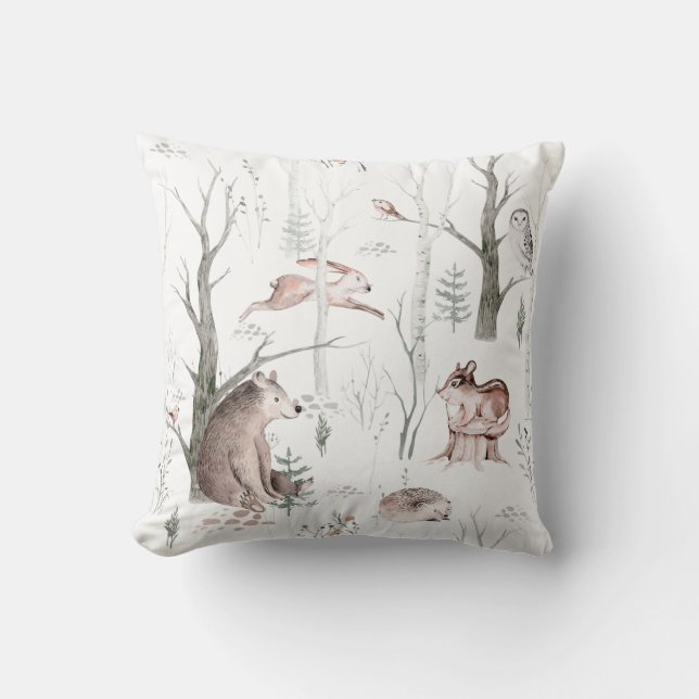 Watercolor Forest Friends Throw Pillow (Front)