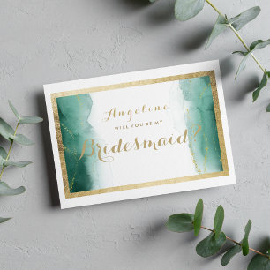 Watercolor forest green gold white Bridesmaid Invitation