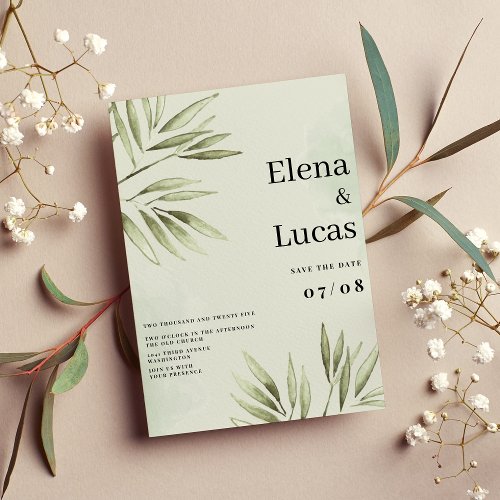 Watercolor forest green tropical leaves wedding invitation