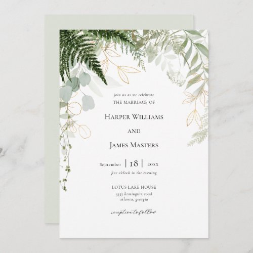 Watercolor Forest Greenery and Gold Wedding Invitation