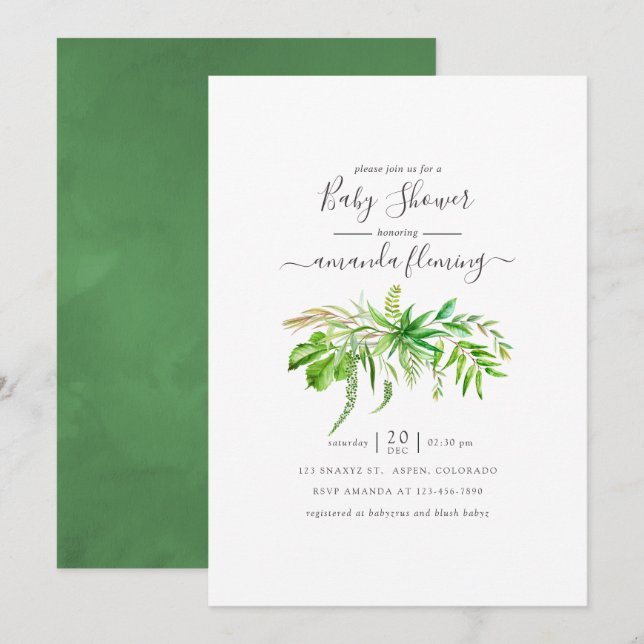 Watercolor Forest Greenery Baby Shower Invitation (Front/Back)