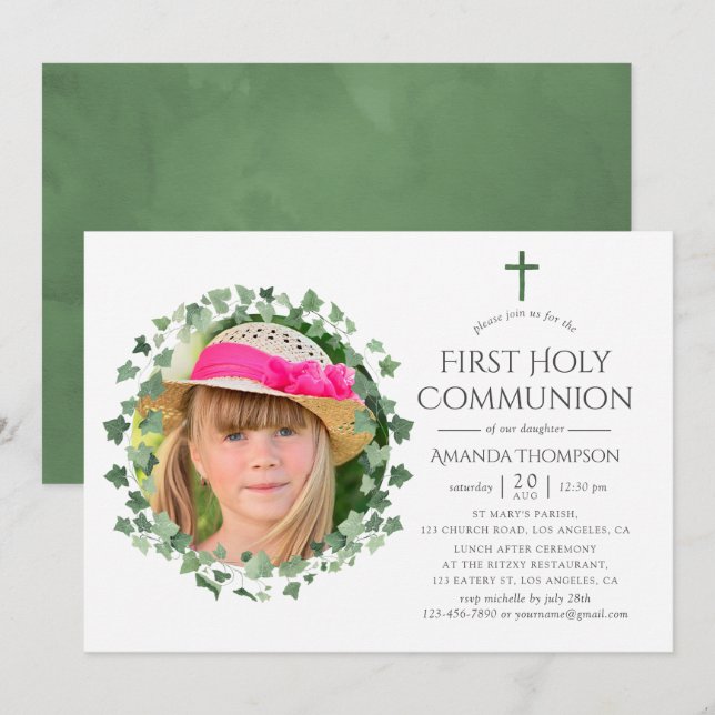 Watercolor Forest Greenery Baptism or Christening Invitation (Front/Back)