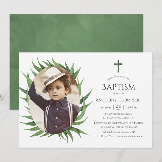 Watercolor Forest Greenery Baptism or Christening Invitation (Front/Back)