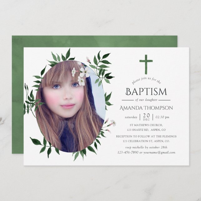 Watercolor Forest Greenery Baptism or Christening Invitation (Front/Back)