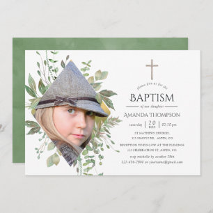 Watercolor Forest Greenery Baptism or Christening Invitation