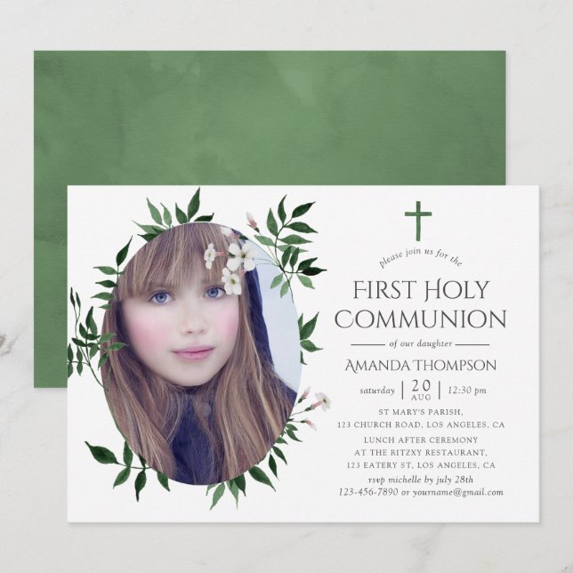 Watercolor Forest Greenery Baptism or Christening Invitation (Front/Back)