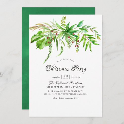 Watercolor Forest Greenery Christmas Party Invitation