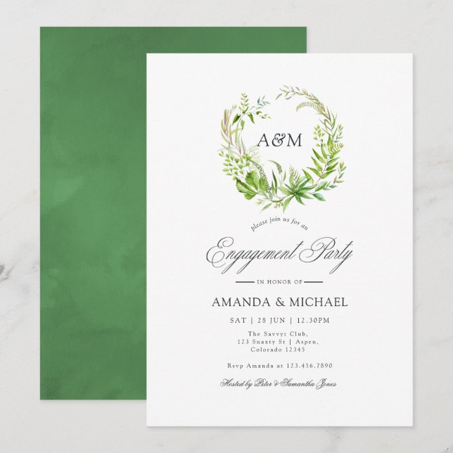 Watercolor Forest Greenery Engagement Party Invitation (Front/Back)