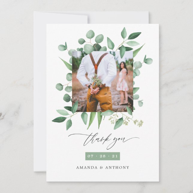 Watercolor Forest Greenery Eucalyptus Wedding Thank You Card (Front)