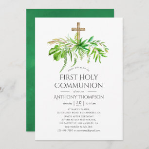 Watercolor Forest Greenery First Holy Communion Invitation