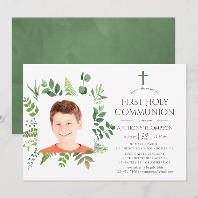 Watercolor Forest Greenery First Holy Communion Invitation (Front/Back)