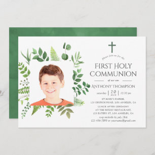 Watercolor Forest Greenery First Holy Communion Invitation