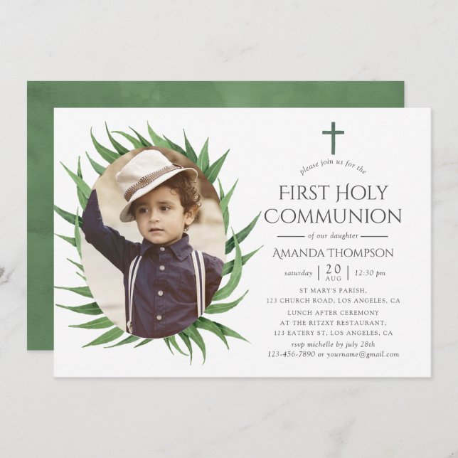 Watercolor Forest Greenery First Holy Communion Invitation (Front/Back)