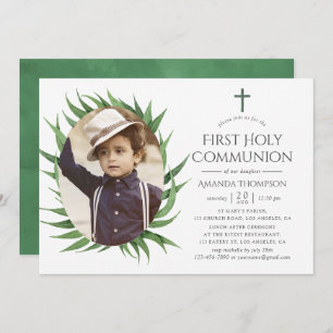 Watercolor Forest Greenery First Holy Communion Invitation