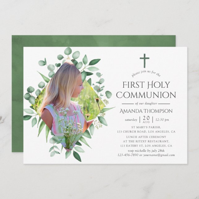 Watercolor Forest Greenery First Holy Communion Invitation (Front/Back)