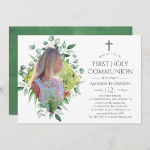 Watercolor Forest Greenery First Holy Communion Invitation