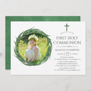 Watercolor Forest Greenery First Holy Communion Invitation