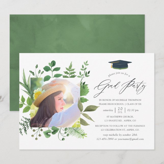 Watercolor Forest Greenery Graduation Party Invitation (Front/Back)