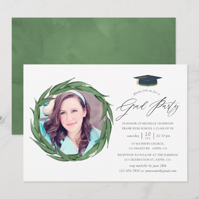 Watercolor Forest Greenery Graduation Party Invitation (Front/Back)