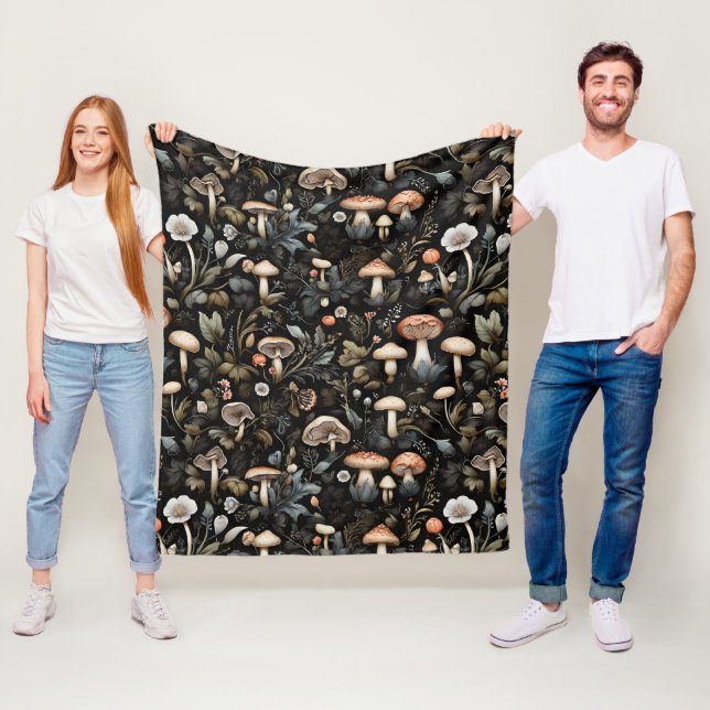 Watercolor Forest Greenery Mushrooms Fall Fleece Blanket (In Situ)