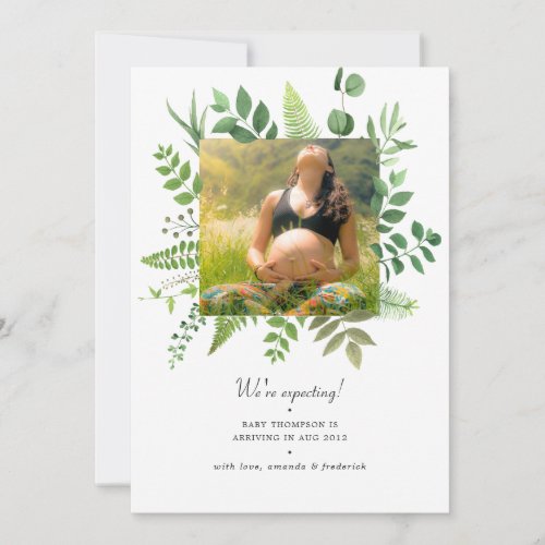 Watercolor Forest Greenery Photo Pregnancy Announcement