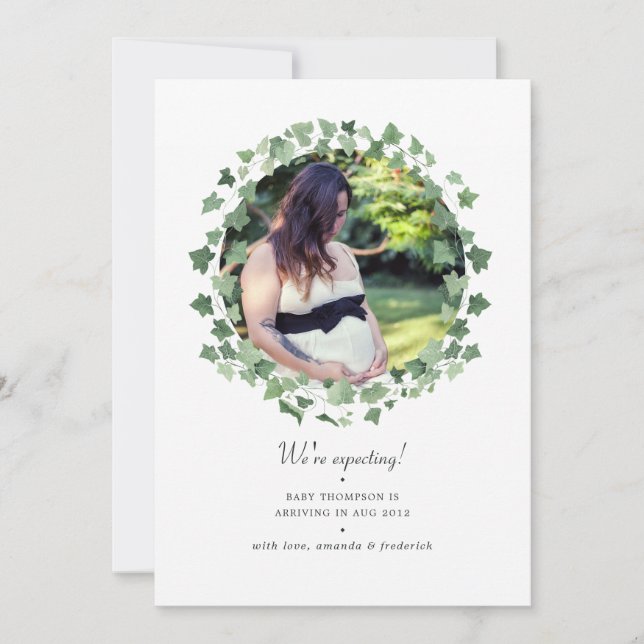 Watercolor Forest Greenery Photo Pregnancy Announcement (Front)