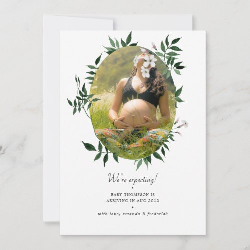 Watercolor Forest Greenery Photo Pregnancy Announcement