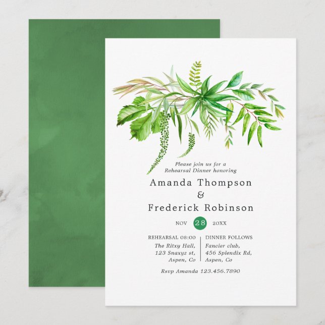 Watercolor Forest Greenery Rehearsal Dinner Invitation (Front/Back)