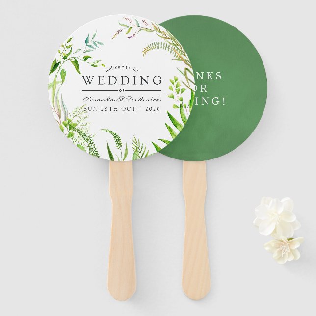 Watercolor Forest Greenery Wedding Favor Hand Fan (Front and Back)