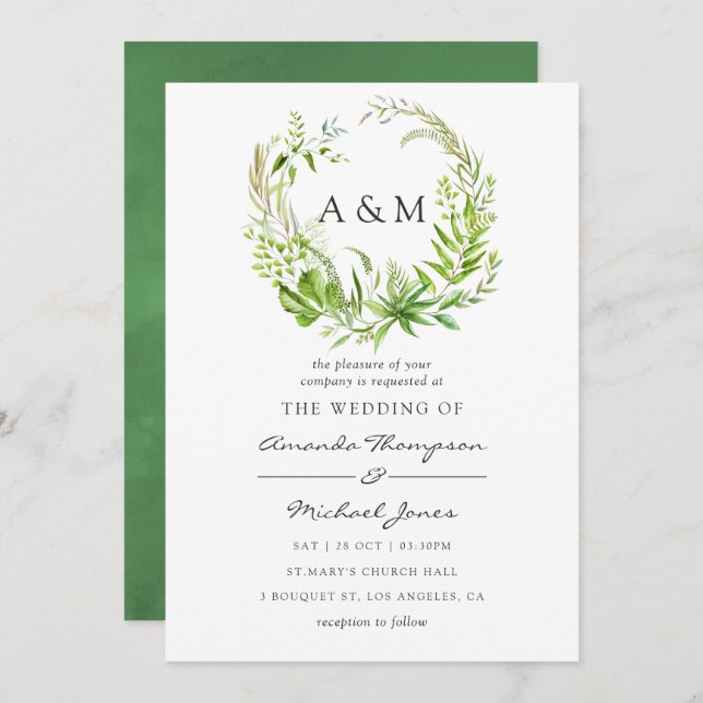 Watercolor Forest Greenery Wedding Invitation (Front/Back)