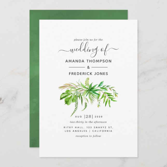 Watercolor Forest Greenery Wedding Invitation (Front/Back)