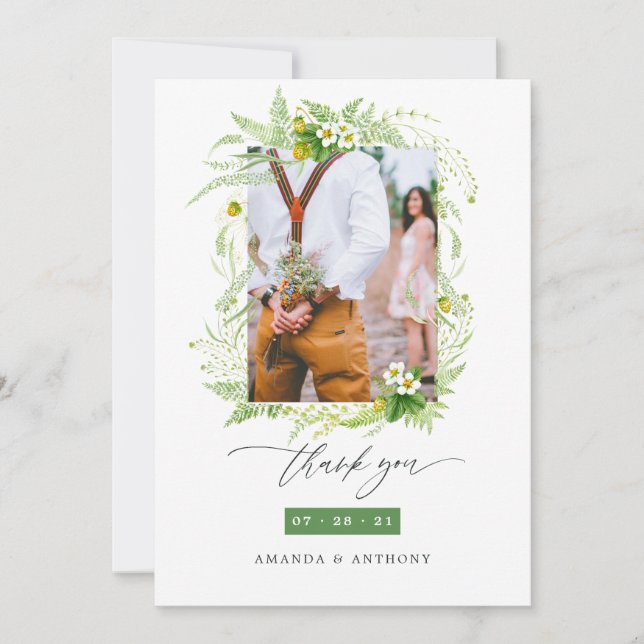 Watercolor Forest Greenery Wedding Photo Thank You Card (Front)