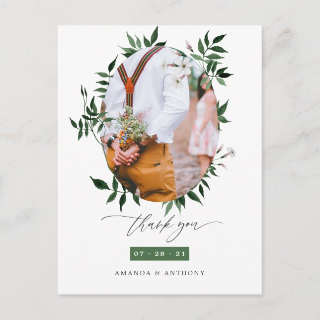 Watercolor Forest Greenery Wedding Photo Thank You Postcard (Front)