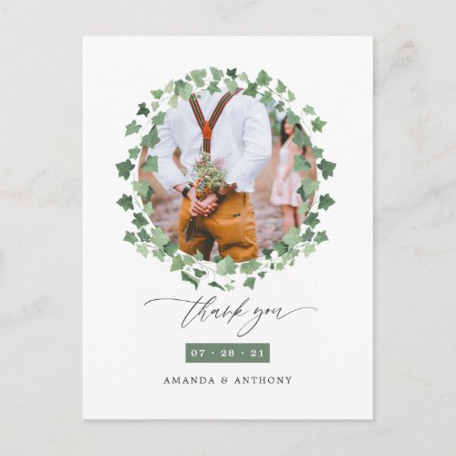 Watercolor Forest Greenery Wedding Photo Thank You Postcard