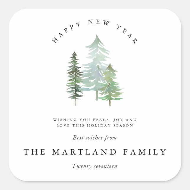 WATERCOLOR FOREST-HAPPY NEW YEAR. SQUARE STICKER (Front)