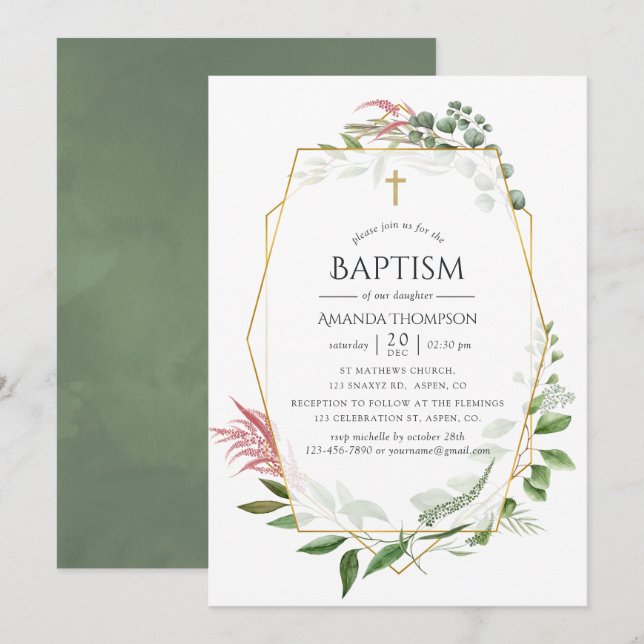 Watercolor Forest Herbarium Geometric Baptism Invitation (Front/Back)