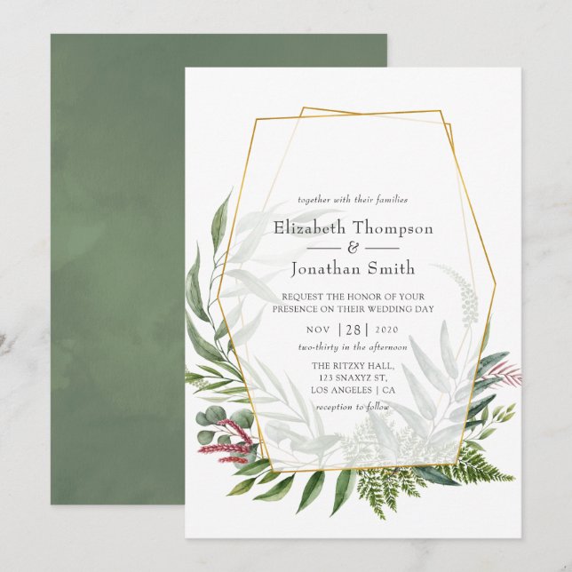 Watercolor Forest Herbarium Geometric Wedding Invitation (Front/Back)
