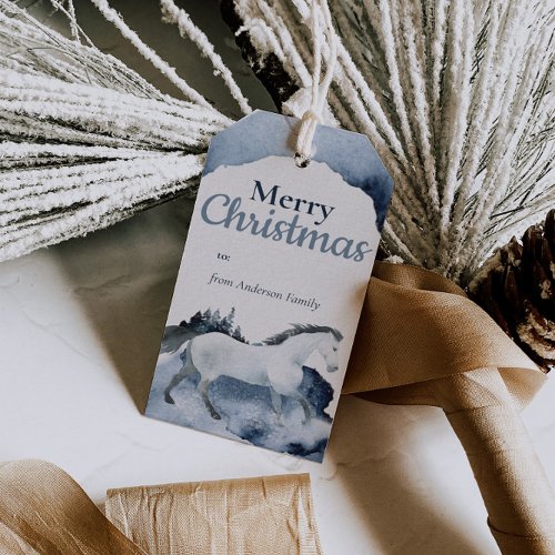 Watercolor Forest Horse Merry Christmas Blue Snow Gift Tags