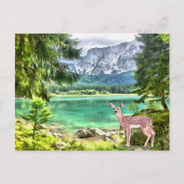 Watercolor Forest Lake Deer Landscape Postcard (Front)