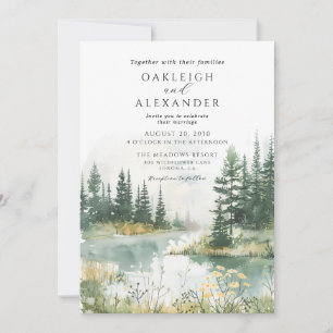 Watercolor Forest Lake Wildflower Wedding Invitation