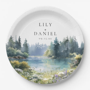 Watercolor Forest Lakeside Wildflower Wedding Paper Plates