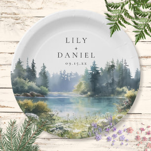 Watercolor Forest Lakeside Wildflower Wedding Paper Plates