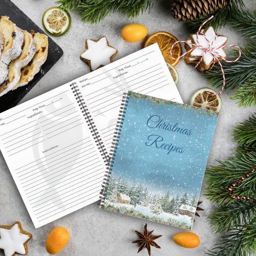 Watercolor Forest Landscape Christmas Recipes Notebook