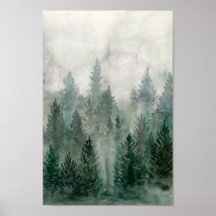 Watercolor Forest landscape foggy pine mountain  Poster