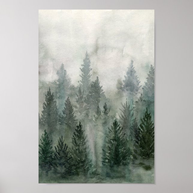 Watercolor Forest landscape foggy pine mountain  Poster (Front)