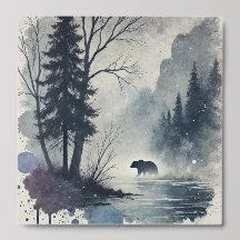Watercolor Forest Landscape with Bear