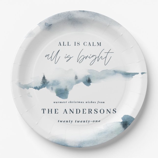 Watercolor forest minimal blue christmas party paper plates (Front)