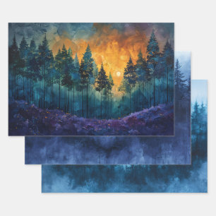 Watercolor Forest Misty Pine Trees Decoupage Wrapping Paper Sheets