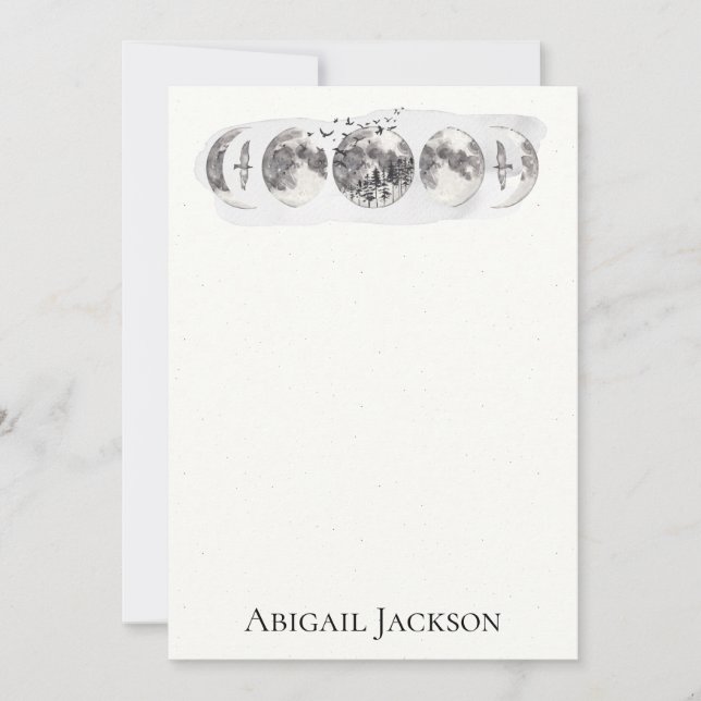 Watercolor Forest Moon Birds Stationery Holiday Card (Front)